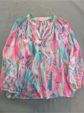 Lilly Pulitzer Pink, Mint, Blue, Silk  Top, Size M